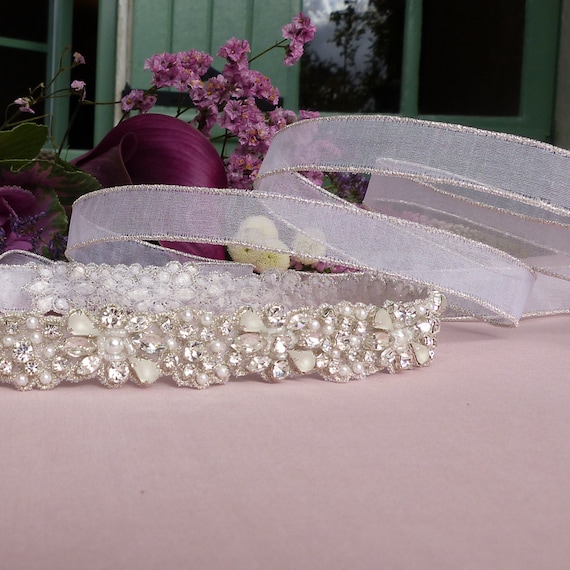 Jeweled Sash with Swarovski elements Designer bridal wedding dress fabric sash white Swarovski  main image 2