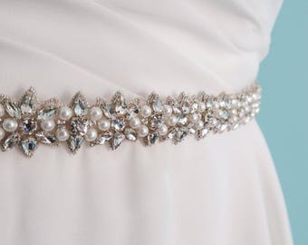 wedding sash, pearl sash belt, skinny pearl belt, Swarovski crystal sash belt. jeweled belt, beaded belt, wedding dress, belt for dress