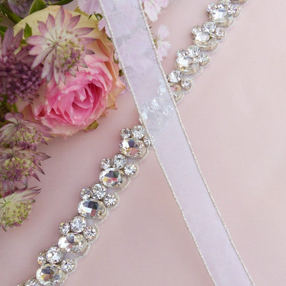 Jeweled Sash with Swarovski elements Designer bridal wedding dress fabric sash white Swarovski  main image 4