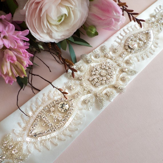 Bridal White Satin Beaded Sash belt bianco-thin-crystal-  main image 3