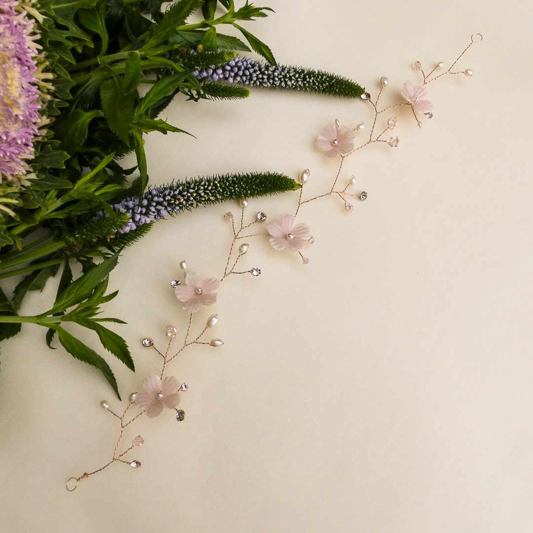 Rose Gold Filled 14k Hair Vine, Silk Flower Vine, Blush Pink Hair Vine