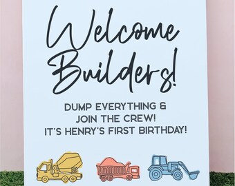 Welcome Builders Construction Party Welcome Sign | Foam Board Sign | Digger Party | Truck Party | Boy Birthday |