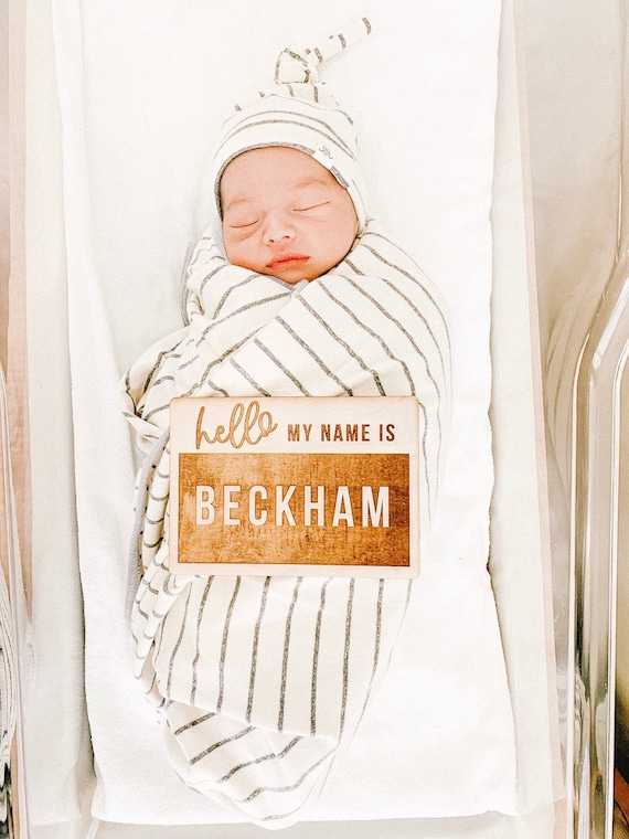 Newborn Hospital Photo Prop Custom Baby Shower Gift Birth Announcement Sign Hello My Name Is Personalized Plaque Wood Engraved Name Tag