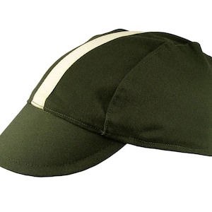 May include: A green cycling cap with a white stripe down the centre. The cap has a curved brim.
