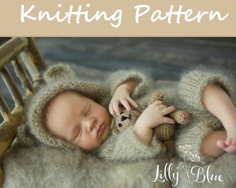 Newborn Baby Bear Hoodie knitting PATTERN - footless pajama romper outfit - newborn photography prop bear pattern, knitting for newborns