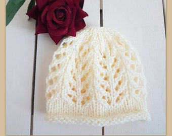 Baby girl hat Knitting PATTERN, 0 - 12 months Lace baby hat pattern, knit your own easy roll brim beanie, newborn to toddler pattern PDF