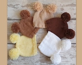 READY Double Pom Pom Baby hat 0-6 months old, handknit chunky bobble beanie - wooly baby hat - chunky knit toque