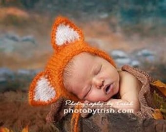 Baby Fox Bonnet Knitting PATTERN - Newborn fox ears hat knitting pattern photography prop, Fox costume hat  PDF, knitting for newborns