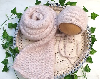RTS LONG Blush Pink Knitted Newborn wrap and bonnet set - fluffy newborn swaddle photography prop layer  Ready to send.