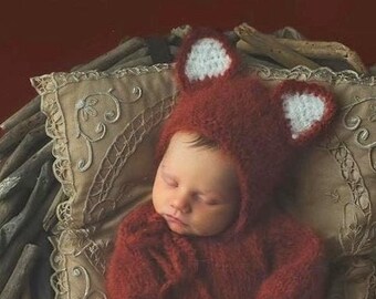 Newborn Baby Fox bonnet, Knitted baby hat photo prop costume - handmade baby fox ears bonnet - newborn baby prop bonnet