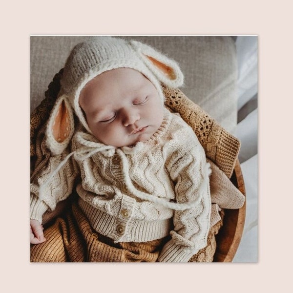 Baby lamb bonnet photography prop, handmade knit baby lamb Easter bonnet costume Newborn to Toddler hat, Newborn size bonnet ready to send.
