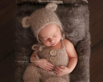 Knit Baby Bear photography prop outfit, Alpaca newborn baby photo prop bear bonnet or beanie and dungaree coveralls, baby gift outfit