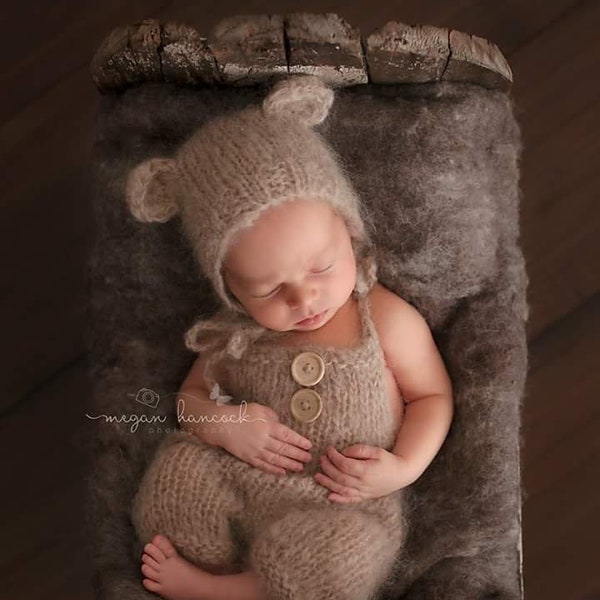 Tenue de photographie pour bébé ours en tricot, bonnet d'ours pour nouveau-né photo alpaga ou bonnet et salopette, tenue de cadeau pour bébé