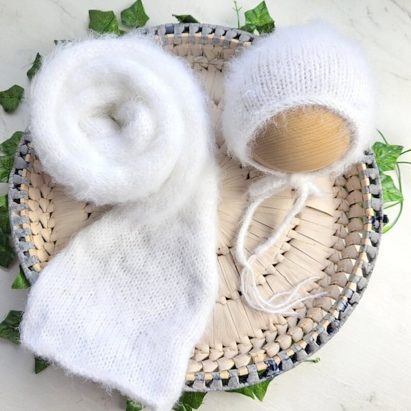 RTS White LONG Knitted wrap and baby bonnet set photo prop, Ready to send soft fluffy snowy white newborn swaddling layer posing blanket.