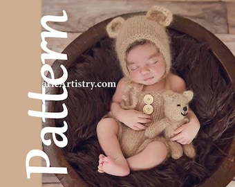 Newborn Baby Knitting PATTERN,  bear hat romper and toy bear knitting Pattern set - newborn photo prop outfit pattern, Overalls and bonnet .