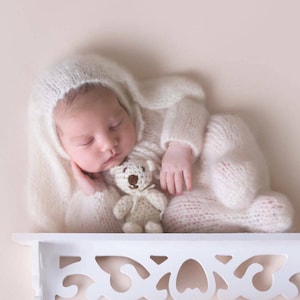 Newborn Alpaca Knit Bunny Jammies Outfit: Photo Prop Footed Romper & Bonnet