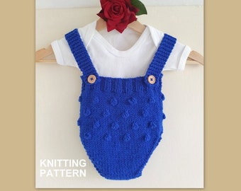 0-6 months Baby Boy Romper Knitting Pattern, Bobble bonnet hat and short pants PDF knitting pattern for babies, Quick Knit baby overalls