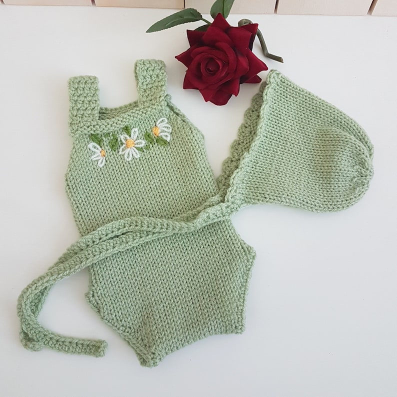 knit newborn playsuit with matching green bonnet READY Summer baby romper outfit mint knitted baby girl shower gift set idea