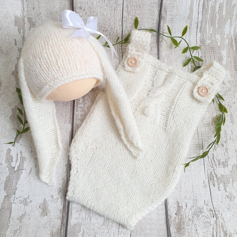 Handmade knitted baby Easter bunny romper with bunny motif, and matching long floppy bunny ears hat, Babys first Easter outfit handknit in the UK