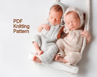 Newborn baby romper and hat knitting pattern, 0-3 months baby beanie or bonnet overalls PDF pattern, Knit jumpsuit pattern, baby coveralls