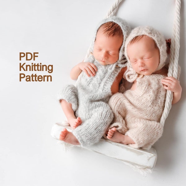 Newborn baby romper and hat knitting pattern, 0-3 months baby beanie or bonnet overalls PDF pattern, Knit jumpsuit pattern, baby coveralls