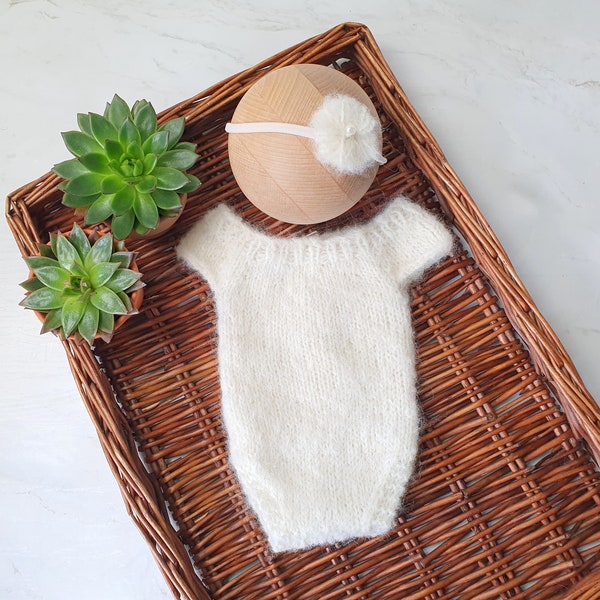 Barboteuse sans manches pour nouveau-né en laine d'alpaga duveteuse avec bonnet en option, tenue accessoire photo en tricot fait main pour la première séance photo de bébé