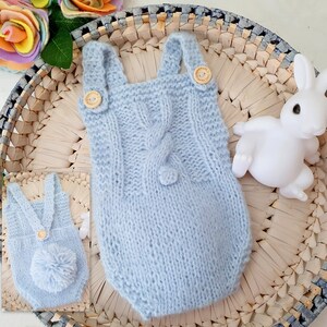 Baby Bunny Romper and Rabbit Ears Hat Set Knitted Easter Bunny Outfit Baby Shower gift idea Bunny Tail Newborn photo prop first Easter image 2