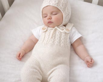 Cable Knit Baby Dungaree Set: Newborn or 0-3 months Romper with Bonnet or Beanie