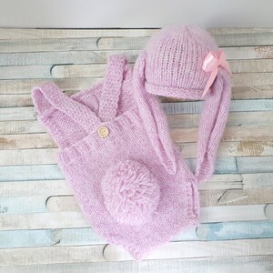 Knitted pink baby romper with fluffy bunny tail and matching pink floppy ears bunny beanie