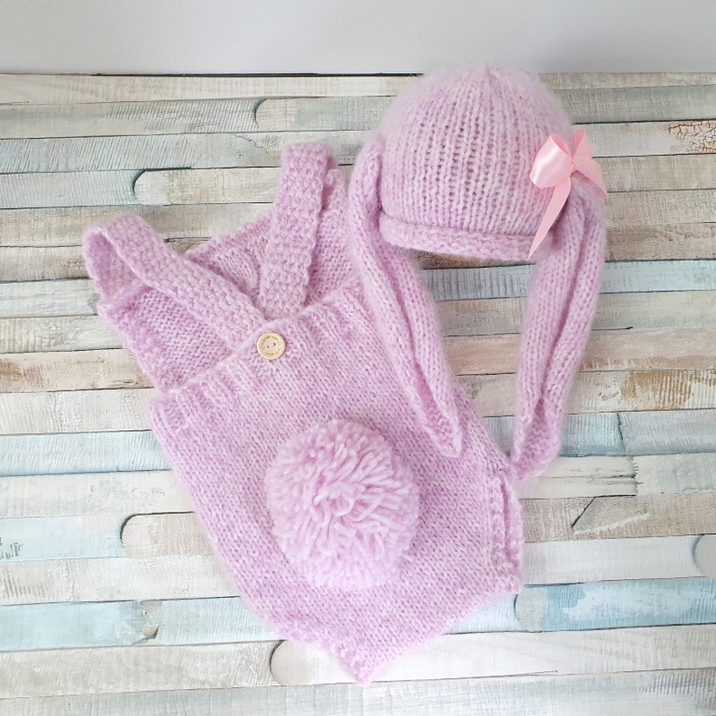 Knitted pink baby romper with fluffy bunny tail and matching pink floppy ears bunny beanie