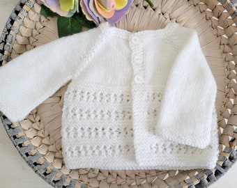 0-3 months White Baby Cardigan , Knitted baby sweater Ready to send, White Baby Jumper, Baby Shower Gift for baby girl, lacy knit cardigan