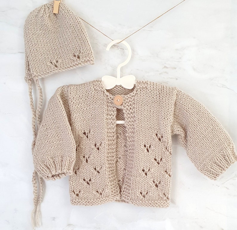 0-6 month Easy Baby Cardigan and Bonnet Knitting PATTERN PDF, Baby Girl lacy jumper, Worsted Aran yarn sweater pattern, Knitting for baby. image 3