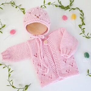 0-6 month Easy Baby Cardigan and Bonnet Knitting PATTERN PDF, Baby Girl lacy jumper, Worsted Aran yarn sweater pattern, Knitting for baby. image 4