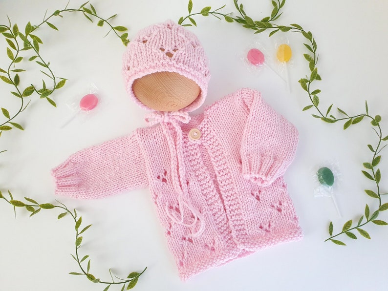 0-6 month Easy Baby Cardigan and Bonnet Knitting PATTERN PDF, Baby Girl lacy jumper, Worsted Aran yarn sweater pattern, Knitting for baby. image 4