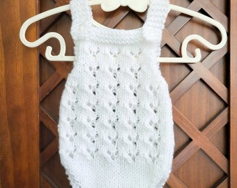 RTS White Newborn romper in a sweet lacy pattern, sleeveless baby girl knitted photo prop outfit, pure white  newborn baby girl photo prop