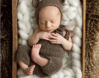 Knit Baby Bear Photo Prop Outfit: Alpaca Teddy Bonnet Dungarees