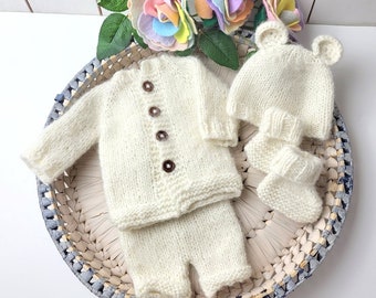 Handmade Baby outfit, knitted cardigan, baby booties, bear hat and short pants. Baby Boy Photo prop set, coming home set, Baby Shower gift