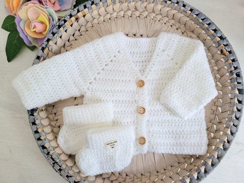 0-3 month White Crochet Cardigan and booties outfit, Ready to Send Gift for baby, White knitted baby jumper, Baby Sweater, Baby shower gift image 1