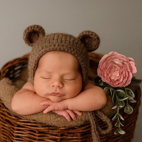 Knitted Baby Bear Bonnet:  Newborn to Toddler Teddy hat Photo Prop