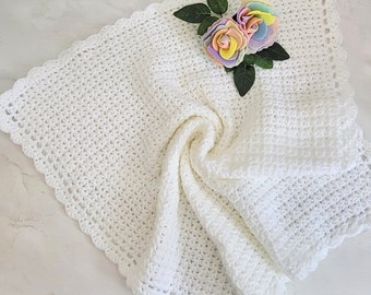 White crochet baby blanket,  gender neutral baby gift blanket, gift for baby shower, knitted baby crib blanket, white stroller blanket.
