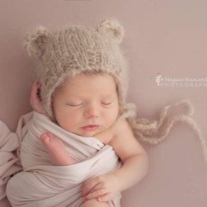 beige knitted baby bear bonnet in soft fluffy alpaca, just perfect for your newborn photo shoot