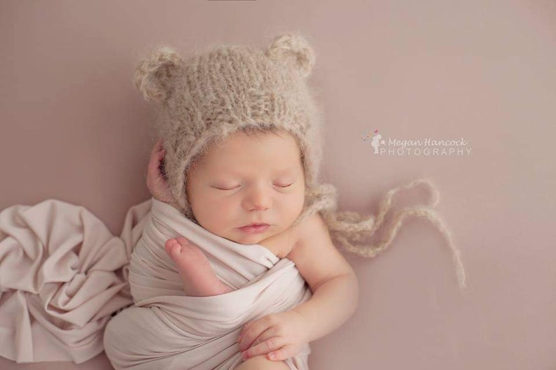beige knitted baby bear bonnet in soft fluffy alpaca, just perfect for your newborn photo shoot