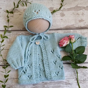 0-6 month Easy Baby Cardigan and Bonnet Knitting PATTERN PDF, Baby Girl lacy jumper, Worsted Aran yarn sweater pattern, Knitting for baby. image 8