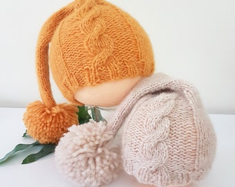 Baby Beanie Knitting pattern, pom pom hat, Easy cable baby beanie, knitting for baby, Longtail baby elf hat pattern, Pdf knitting pattern
