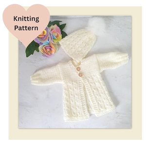 Baby Cardigan and bobble Hat Knitting PATTERN 0-6 months, baby sweater pattern worsted aran yarn, faux cable baby jumper knitting pattern