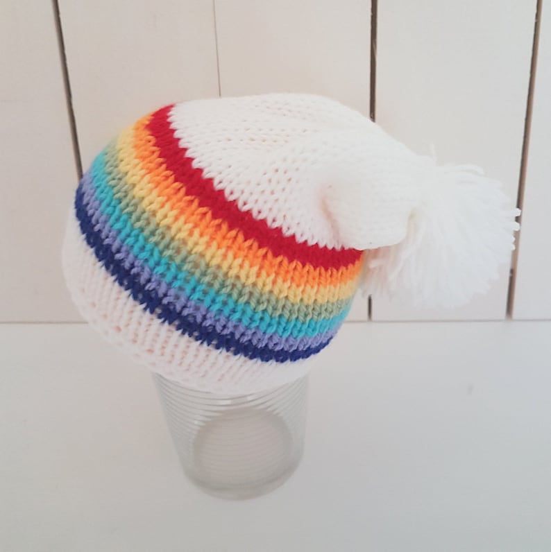 READY Rainbow Baby hat white bobble pom unisex baby hat Rainbow bobble slouchy Baby Beanie 6-9 months