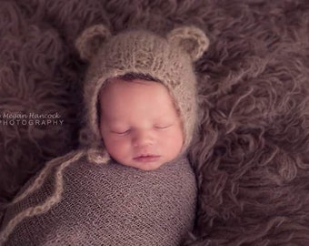 0-3 months Easy Baby Bear Bonnet Knitting PATTERN , newborn photo prop pattern, Double Knit Light Worsted Baby Bonnet Pattern PDF,  Bear Hat