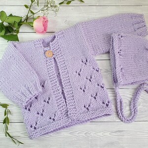 0-6 month Easy Baby Cardigan and Bonnet Knitting PATTERN PDF, Baby Girl lacy jumper, Worsted Aran yarn sweater pattern, Knitting for baby. image 5