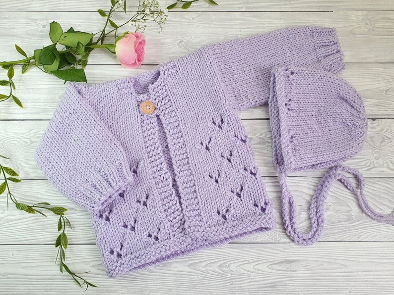 0-6 month Easy Baby Cardigan and Bonnet Knitting PATTERN PDF, Baby Girl lacy jumper, Worsted Aran yarn sweater pattern, Knitting for baby. image 5