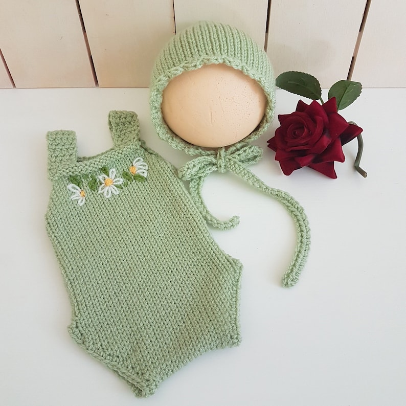 knit newborn playsuit with matching green bonnet READY Summer baby romper outfit mint knitted baby girl shower gift set idea